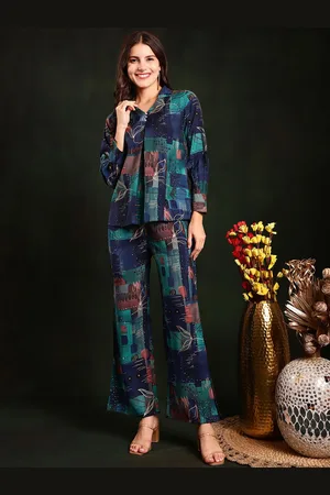 Claura Blue Printed Shirt Collar Pure Cotton Top With Trousers