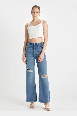 DeFacto Women Flared Fit Mid Rise Slash Knee Cotton Jeans
