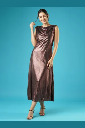 Globus Shiny Cowl Neck Side Slit Knitted A-Line Midi Party Dress