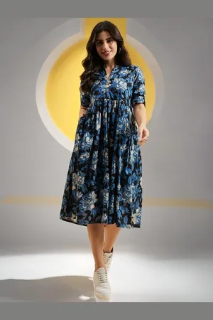 Azira Floral Printed Cotton Roll-Up Sleeves Empire Midi Dress