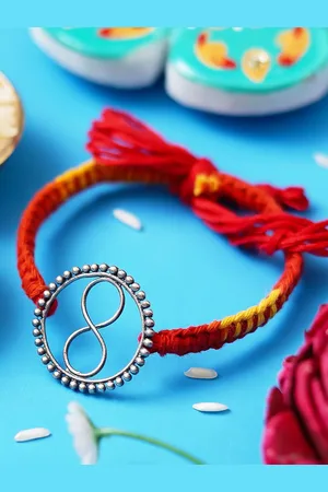 eCraftIndia Round Infinity 925 Sterling Silver Rakhi for Brother, Roli Chawal Pack