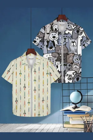 HELLCAT Boys Pack of 2 Cotton Graphic Opaque Printed Casual Shirt