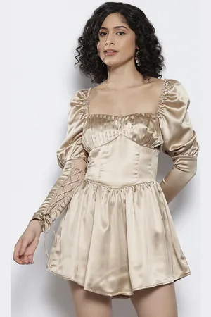 NA-KD Puff Sleeve Satin Mini Fit & Flare Dress