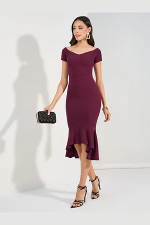 Styli Wome Bodycon High Low Hem Off Shoulder Midi Length Dress
