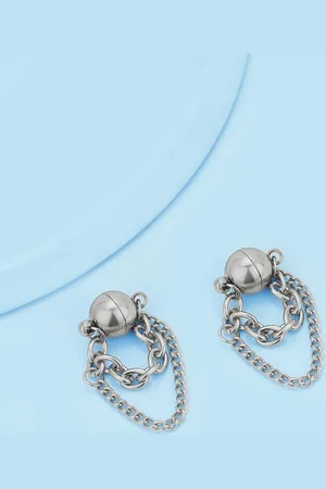 Carlton London Men Silver Plated Dangling Chain Magnetic Stainless Steel Drop Earrings