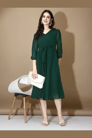 Kalini Women Polka Dot Printed V-Neck Georgette Puff Sleves Gown Midi Dress