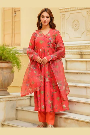 Ambraee Floral Printed V-Neck Angrakha Anarkali Kurta With Trousers & Dupatta