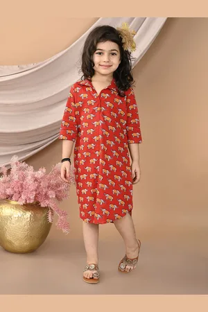Sangria Girls Elephant Printed 3/4 Sleeves Cotton Dress