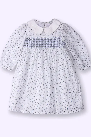 Nauti Nati Girls Floral Peter Pan Collar Long Sleeves Smocked Cotton A-Line Dress