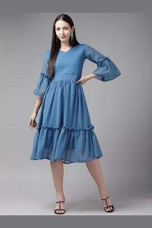 BAESD Women Bell Sleeve Georgette Fit and Flared Midi Dress