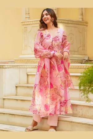 Ambraee Floral Printed V-Neck Empire Anarkali Kurta With Trousers & Dupatta