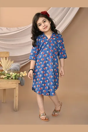 Sangria Girls Shirt Collar Elephant Printed Cotton Dress