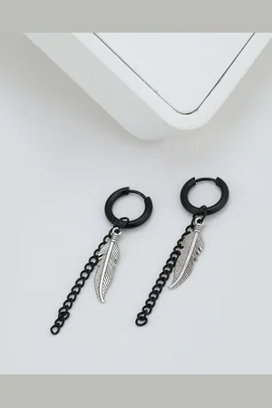 Carlton London Men Silver Plated Leaf with Enamel Stainless Steel Hoop Earrings