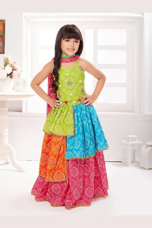 Tiny Kingdom Girls Bandhani Printed Cotton Ready to Wear Lehenga & Blouse With Dupatta