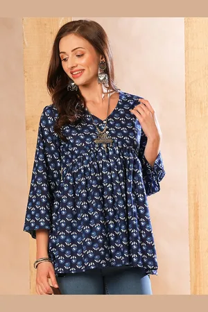 Globus Women Indigo Allover Printed & Gathered A-Line Alia Cut Tunic