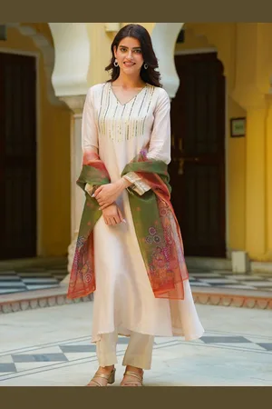 Ambraee Striped Yoke Design V-Neck Chanderi Cotton A-Line Kurta With Trousers & Dupatta