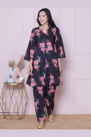 Bhama Couture Floral Printed Notch Neck A-Line Kurta With Palazzos