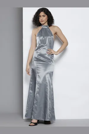 NA-KD Satin Finish High Neck Open Back Maxi Dress
