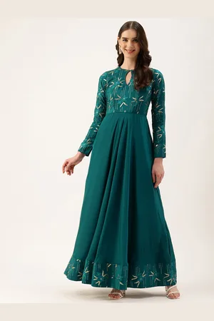 Ethnovog Floral Embroidered Sequinned Keyhole Neck Crepe Maxi Dress