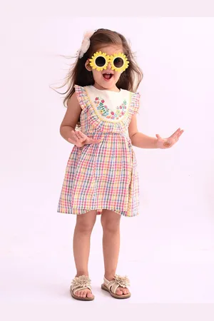 Nauti Nati Girls Checked Round Neck Sleeveless Embroidered Cotton Fit & Flare Dress