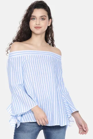 JC Collection Women White Striped Blouson Top