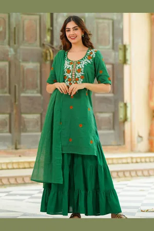 Ambraee Floral Embroidered Regular Thread Work Kurta with Sharara & Dupatta