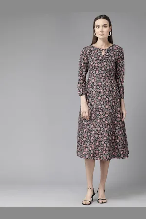 BAESD Women Floral Print Keyhole Neck A-Line Midi Dress