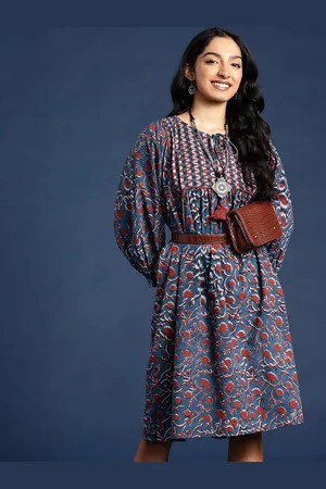 Taavi Indigo Ethnic Motifs Printed Tie-Up Neck A-Line Pure Cotton Ethnic Dresses