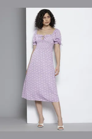 NA-KD Floral Print Tie-Up Neck Puff Sleeve Midi Fit & Flare Dress