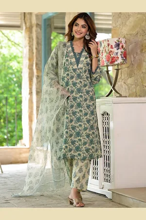 Divena World Floral Printed Pure Cotton Straight Kurta With Trousers & Dupatta