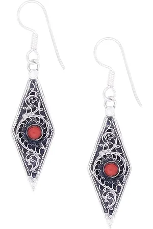 Exotic India Coral Stone Stylish Sterling Silver Earrings