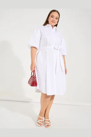 Styli Women Plus Size Puff Sleeves Cotton Shirt Midi Dress with Belt