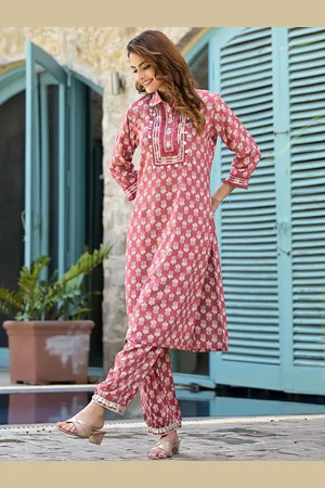 Divena World Floral Printed Gotta Patti Pure Cotton Straight Kurta With Trousers