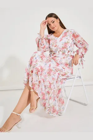 Styli Women Plus Size Floral Printed Long Sleeves Tiered Maxi Dress