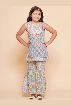 Bhama Girls Ethnic Motifs Printed Gotta Patti Pure Cotton Kurta With Sharara