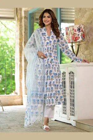 Divena World Floral Printed V-Neck Pure Cotton Empire A-Line Kurta With Trouser & Dupatta
