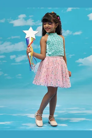 LIL DRAMA Girls Embellished Top with Skirt