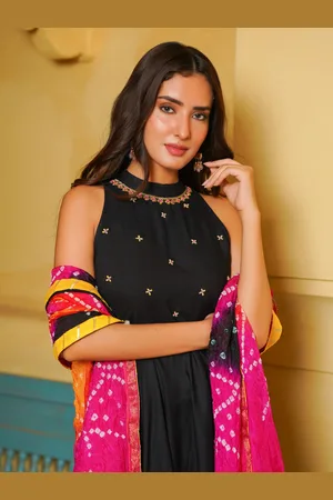 Ambraee High Neck Embroidered Thread Work Bandhani Anarkali Kurta with Trousers & Dupatta