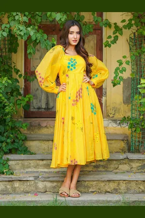 Ambraee Floral Hand Painted Puff Sleeve Georgette Fit & Flare Dress