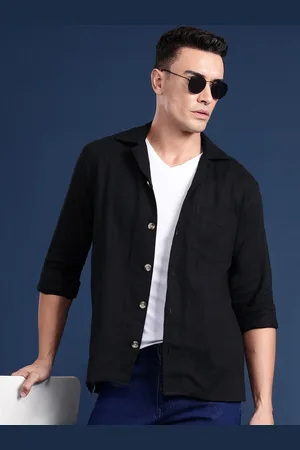 HANCOCK Men Cuban Collar Relaxed Fit Pure Cotton Casual Shirt