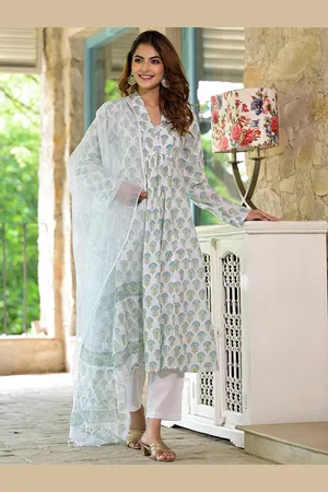 Divena World Floral Printed V-Neck Pure Cotton Empire A-Line Kurta With Trousers & Dupatta
