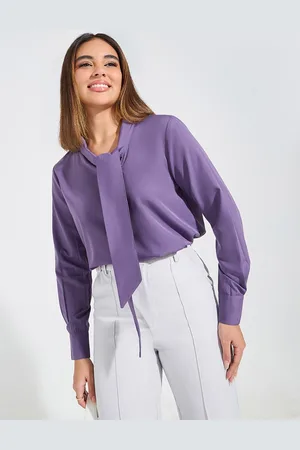 Styli Solid Regular Fit Tie-Up Neck Top with Long Cuffed Sleeve