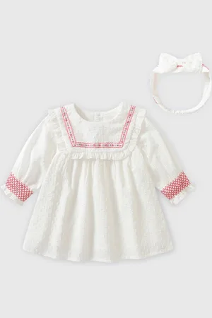 Stylecast White Girls Self Design Ruffles Pure Cotton A-Line Maxi Dress With Hairband