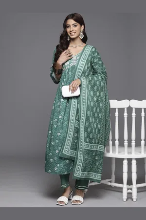 Indo Era Floral Embroidered A-Line Pure Cotton Kurta with Trousers & Dupatta