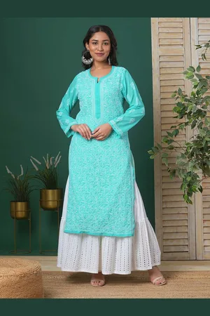 ADAM Co. Women Sea Green & White Floral Chikankari Embroidered Straight Sustainable Handloom Kurta