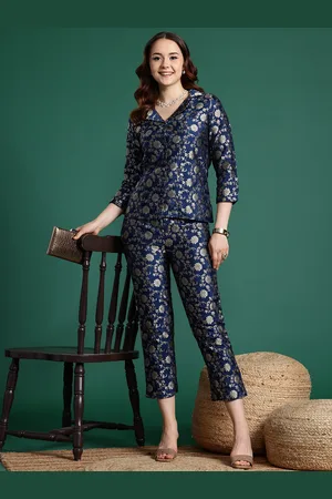 Sangria Floral Woven Design Coat with Trousers Co-Ords