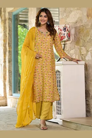 Divena World Floral Printed Beads & Stones Straight Kurta With Palazzos & Dupatta