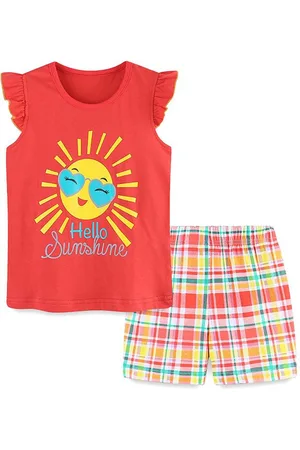 Stylecast Girls Orange Printed Pure Cotton T-shirt with Shorts