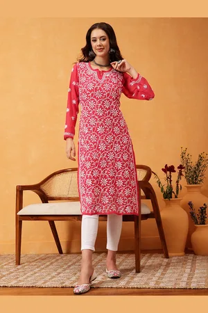 ADAM Co. Women Carrot Pink & White Floral Hand Embroidered Chikankari Handloom Kurta & Matching slip