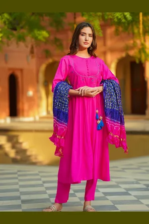 Ambraee Floral Yoke Design Angrakha A-Line Kurta With Trousers & Dupatta